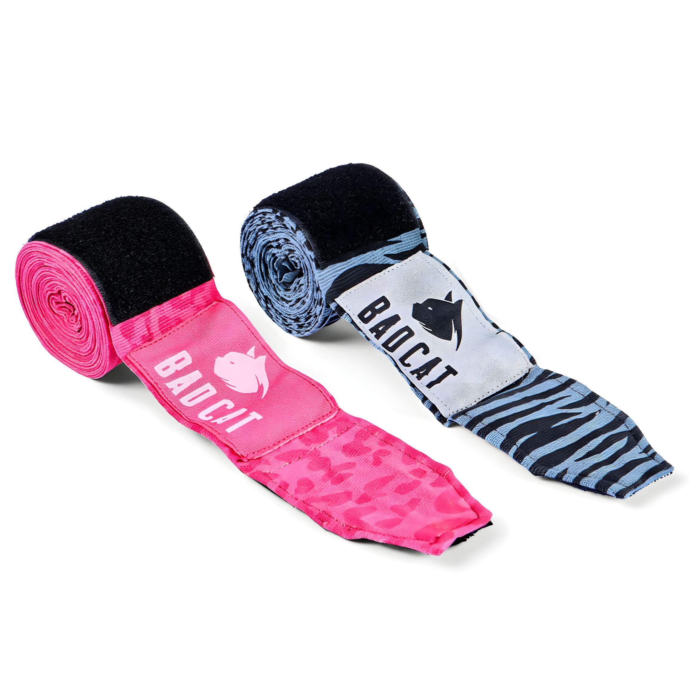 Two rolls of boxing hand wraps with 'Bad Cat' branding on a white background